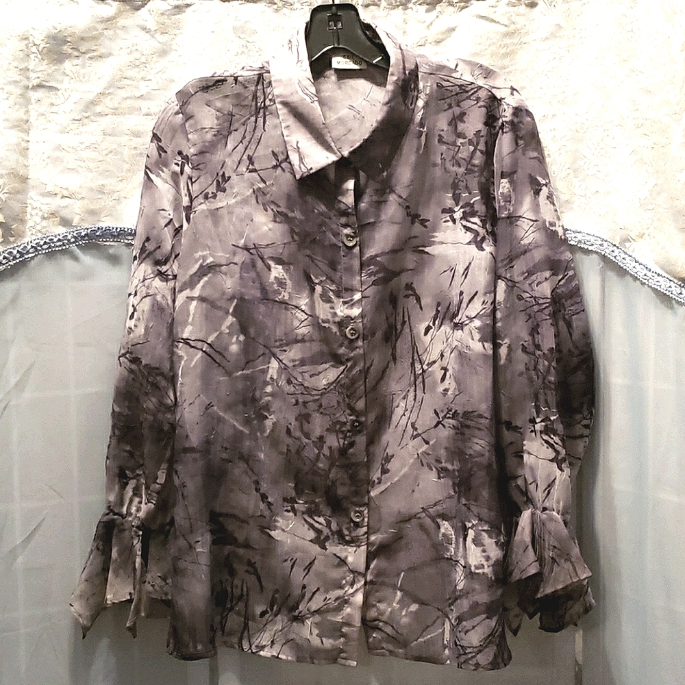 GAIL MORGADO PURPLE FLORAL SHEER BLOUSE SZ M